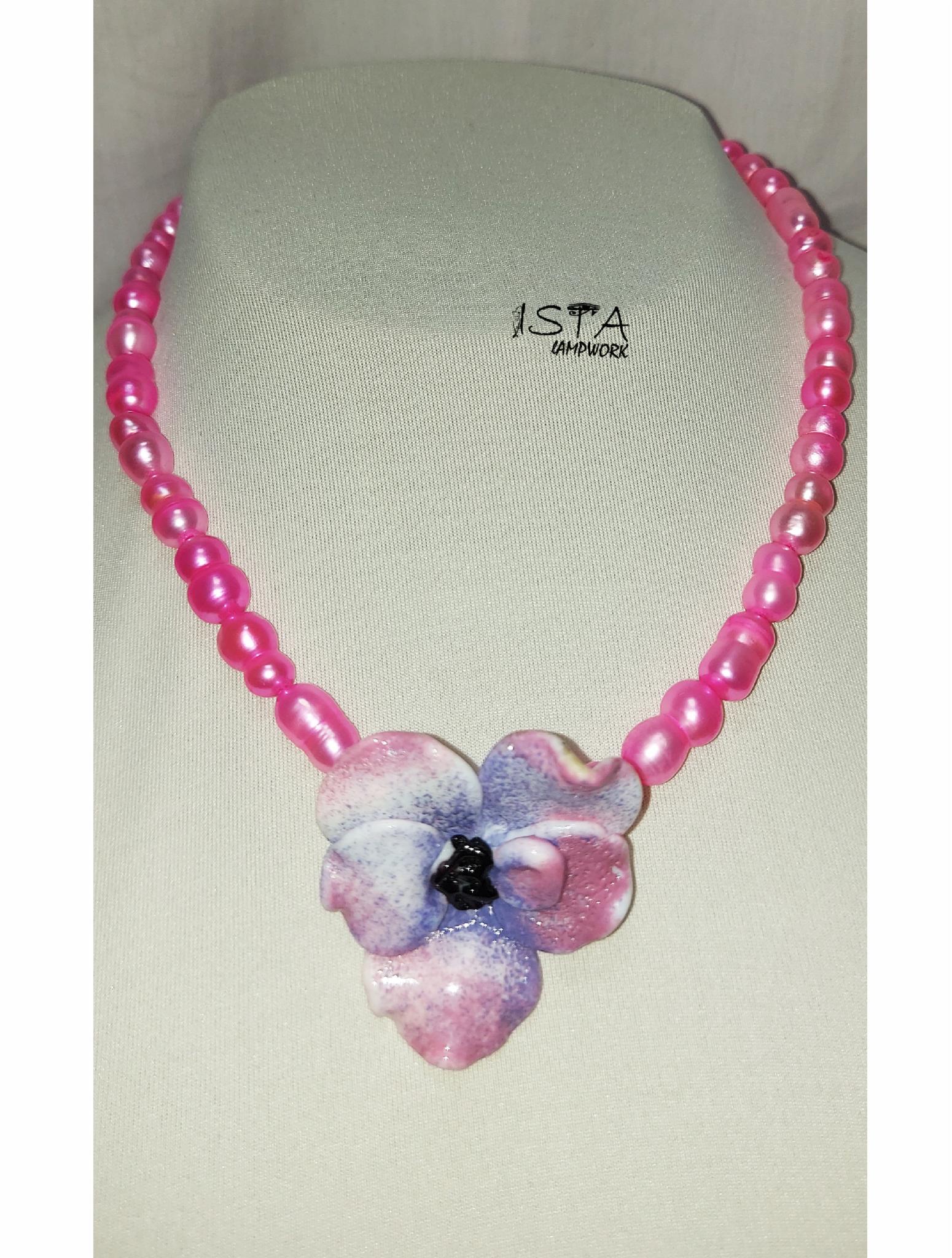 Бусы из речного жемчуга и авторской бусиной Цветок ISTA Lampwork NN23 розово 43см